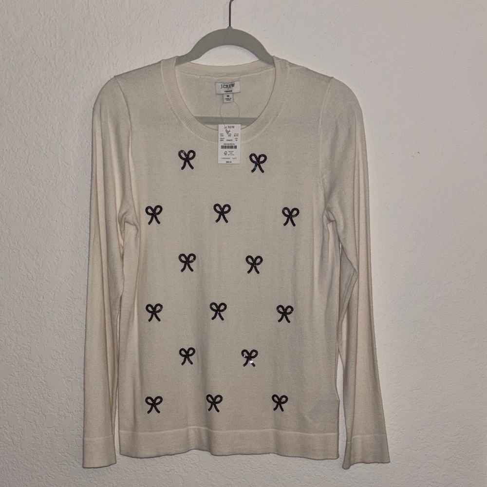J. Crew Cream Long Sleeve Top with Sequin Bow Accents